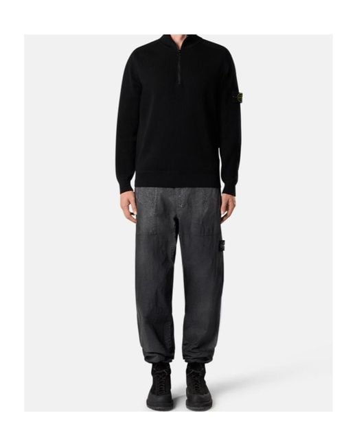 Stone Island Black Organic Cotton Rib Half Zip Sweater for men