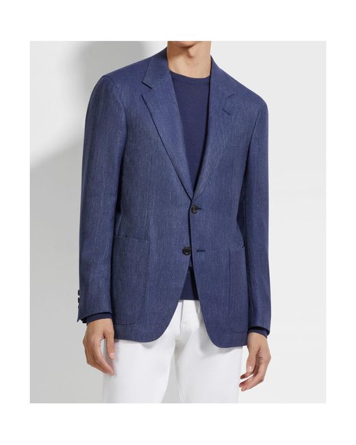 Zegna Blue Ink Silk Cashmere And Linen Jacket for men