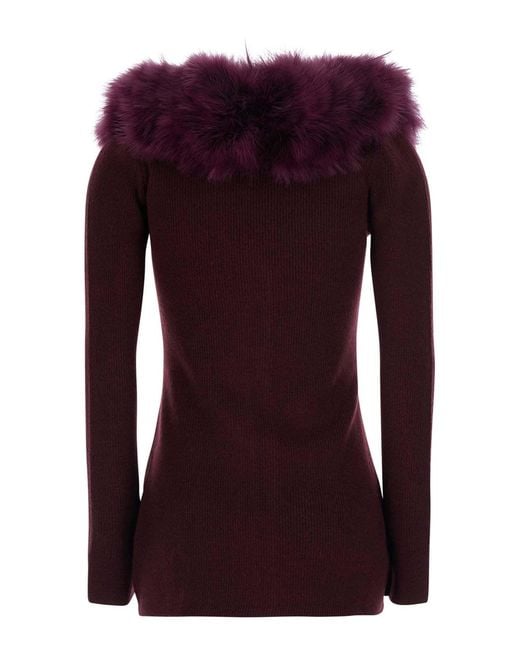Blumarine Purple Faux Fur Trim Ribbed Cardigan