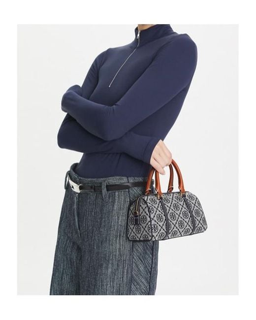 Tory Burch Gray T Monogram Zipped Mini Barrel Bag
