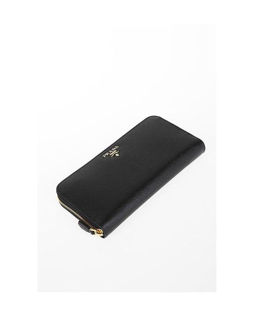 Prada Black Logo Plaque Zip Around Wallet