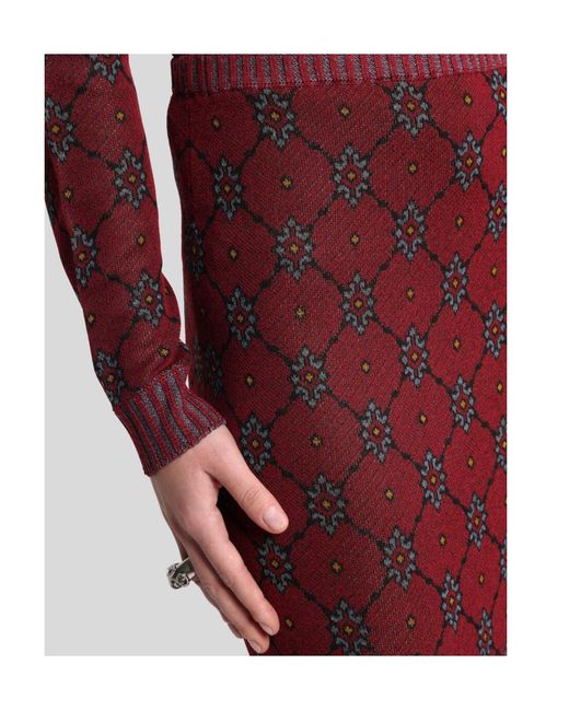 Etro Red Patterned Knit Midi Skirt