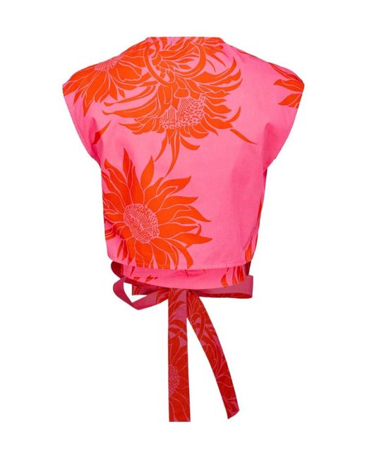 Pinko Red Floral-Print Cotton Cropped Blouse