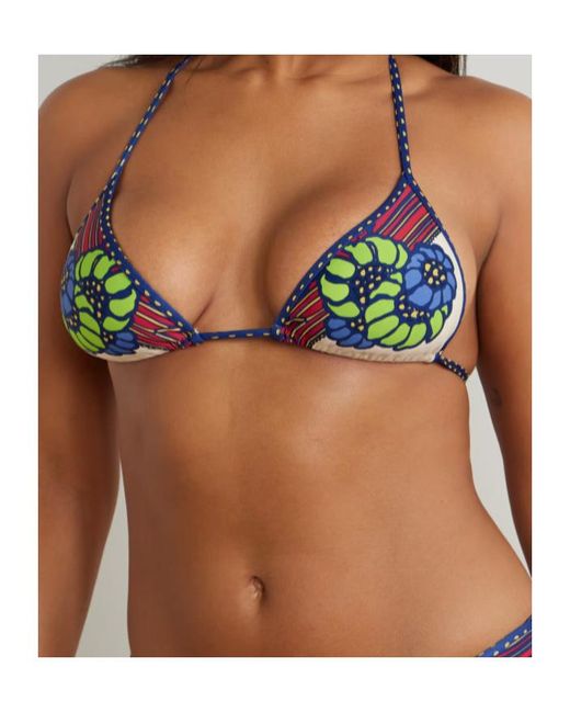 LaDoubleJ Blue Tie-Detail Floral Bikini Top