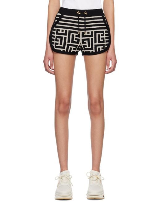 Balmain Black Monogram-Jacquard Wool Shorts