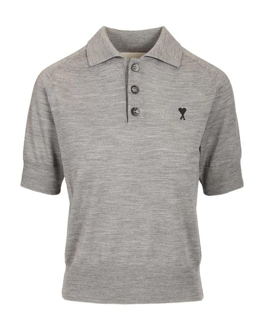 AMI Gray Logo Embroidered Knitted Polo Top
