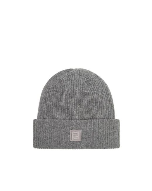 Fendi Gray Logo Patch Ribbed Beanie for men