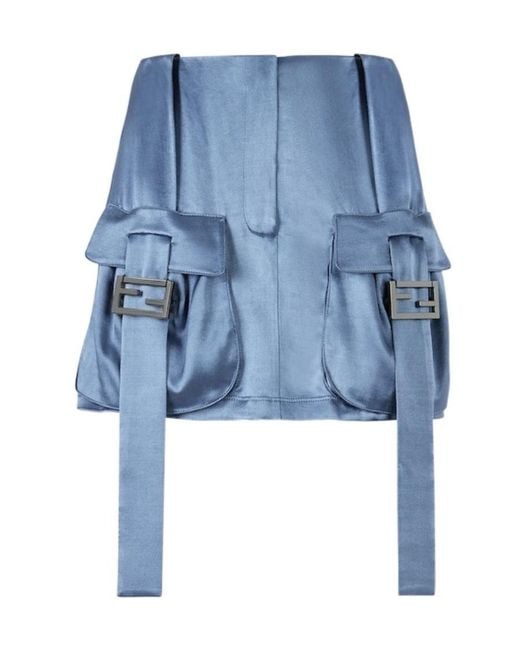 Fendi Blue Buckled Detailed Satin Skirt