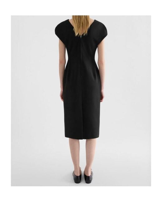 Jil Sander Black Wool Sablé V-Neck Dress