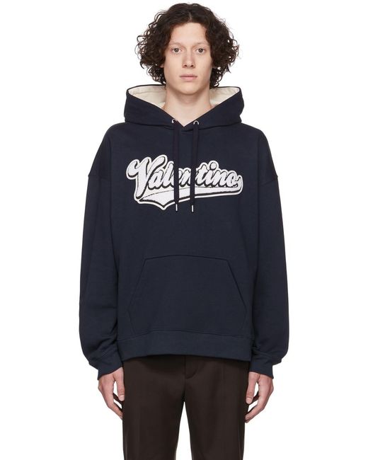 Valentino Blue Logo Flocked Drawstring Hoodie for men
