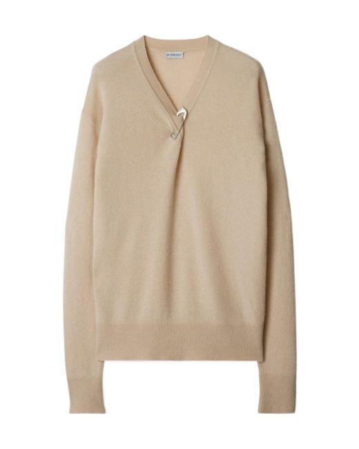Burberry Natural Bar-Pin Fastened V-Neck Knitted Jumper