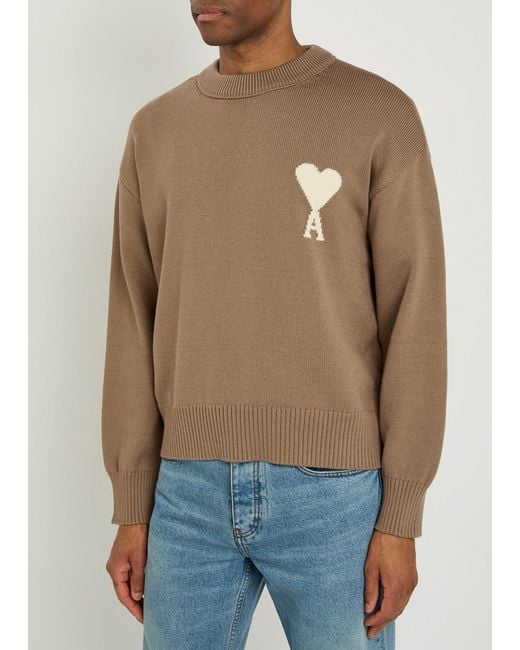 AMI Brown Logo-Intarsia Wool And Cotton-Blend Jumper for men