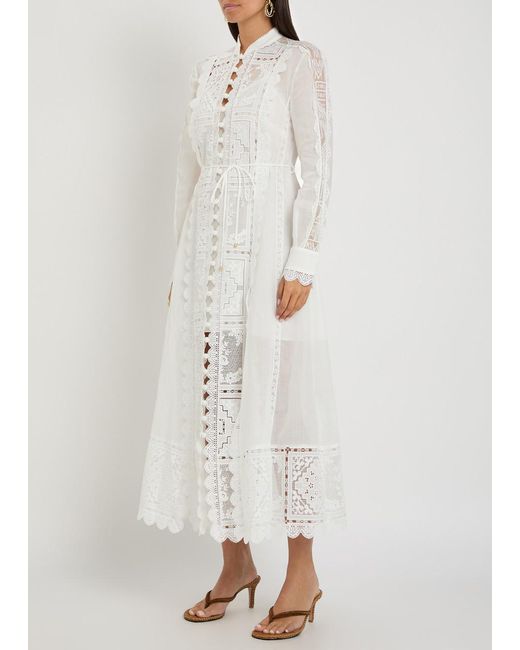 Zimmermann White Aster Embroidered Belted Ramie Midi Dress
