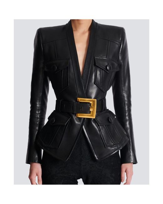 Balmain Black Belted 4 Pokets Fitted Lambskin Jacket