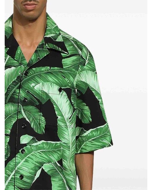 Dolce & Gabbana Green Leaf-Print Silk Shirt for men