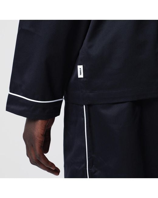 Tekla Blue Contrast-Piping Pajamas Shirt for men