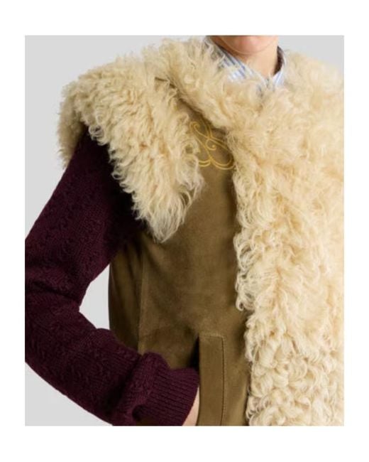 Etro Natural Shearling Waistcoat With Peacock Embroidery