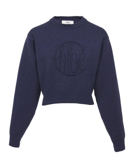 Chloé Blue Embroidered-Logo Jumper
