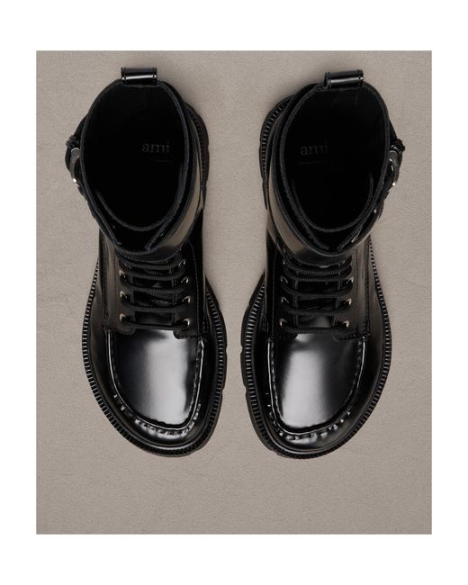 AMI Black Lace-Up Double Straps Boots for men