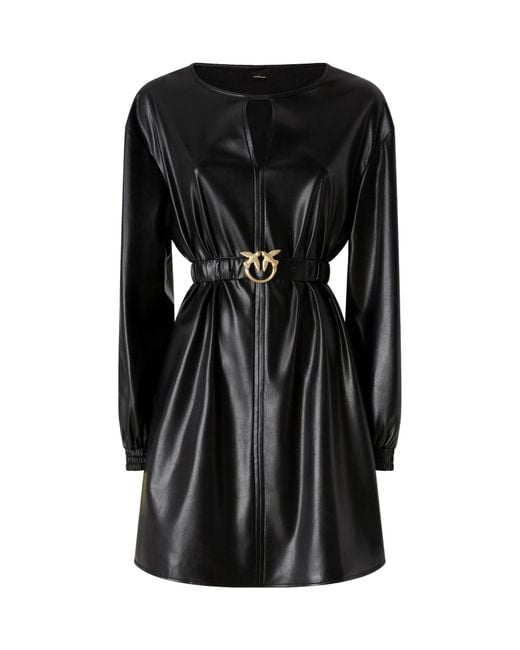 Pinko Black Short Dress With Leather Effect
