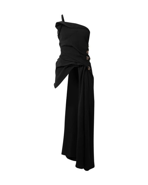 Dries Van Noten Black One-Shoulder Asymmetric Draped Embellished Crepe Top