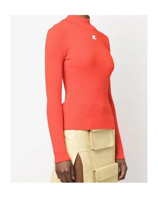 Courreges Red Logo-Patch Roll Neck Jumper