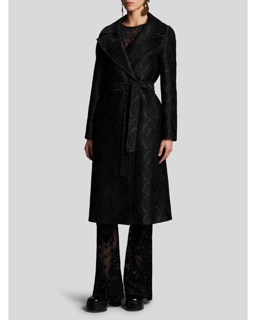 Etro Black Chenille Jacquard Belted Coat