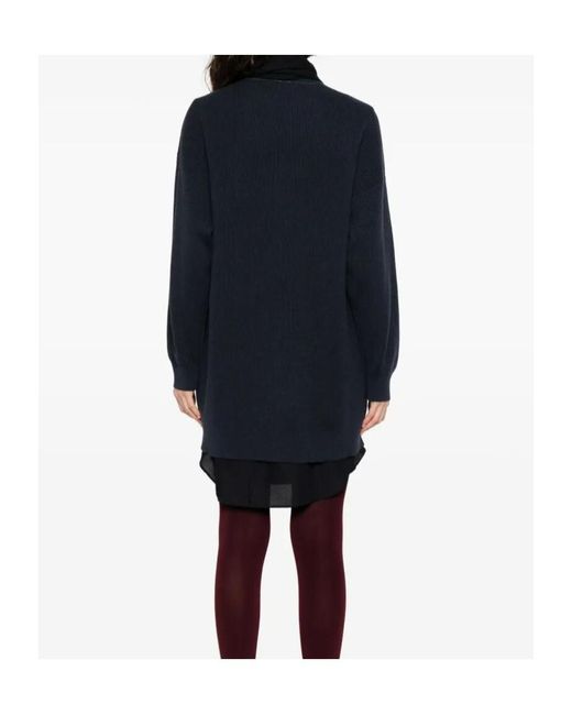 Brunello Cucinelli Blue Ribbed Tie-Neck Dress