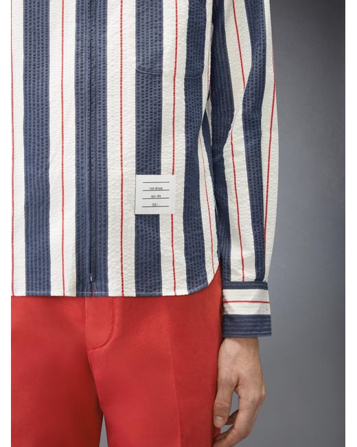 Thom Browne Blue Rounded Collar Striped Zipped Shirt for men