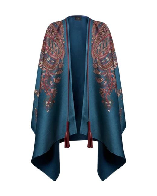 Etro Blue Paisley-Printed Tassel-Detailed Poncho