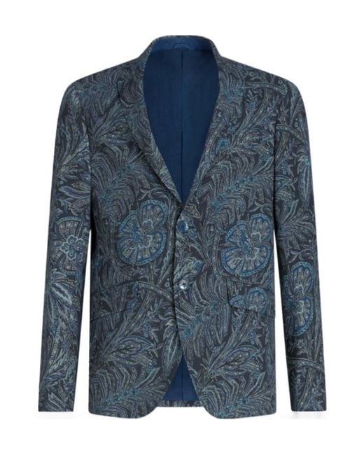 Etro Blue V-Neck Floral Printed Blazer for men
