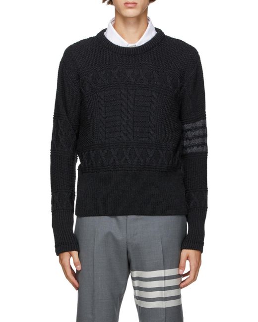 Thom Browne Black Aran Cable Tonal 4-Bar Jumper for men