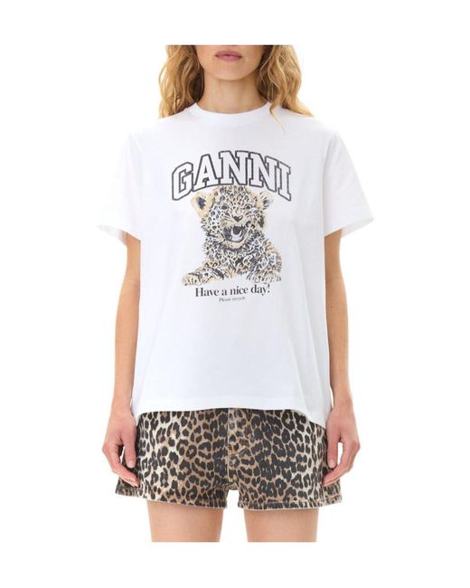 Ganni White Relaxed Leopard Print T-Shirt