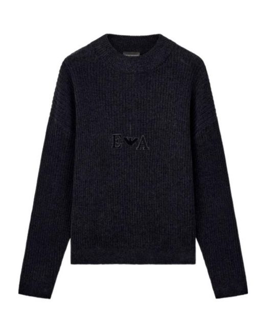 Emporio Armani Blue Ribbed Chenille Sweater With Signature Capsule Logo for men