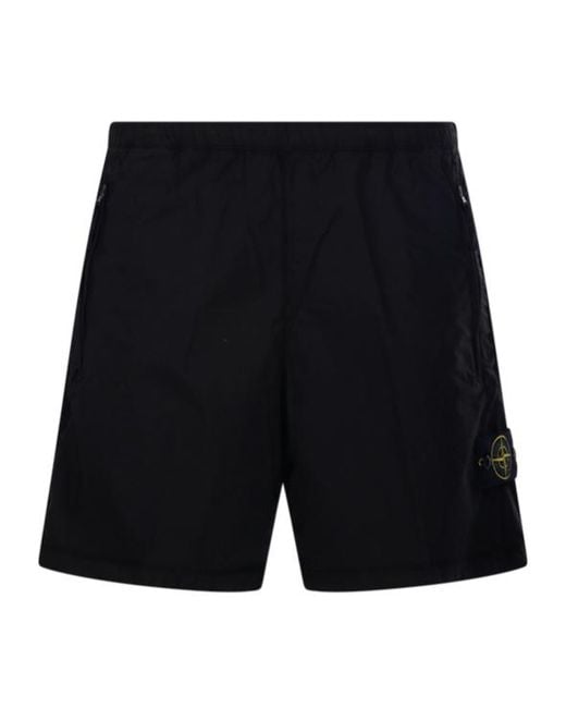 Stone Island Black Logo Patch Wide Leg Shorts for men