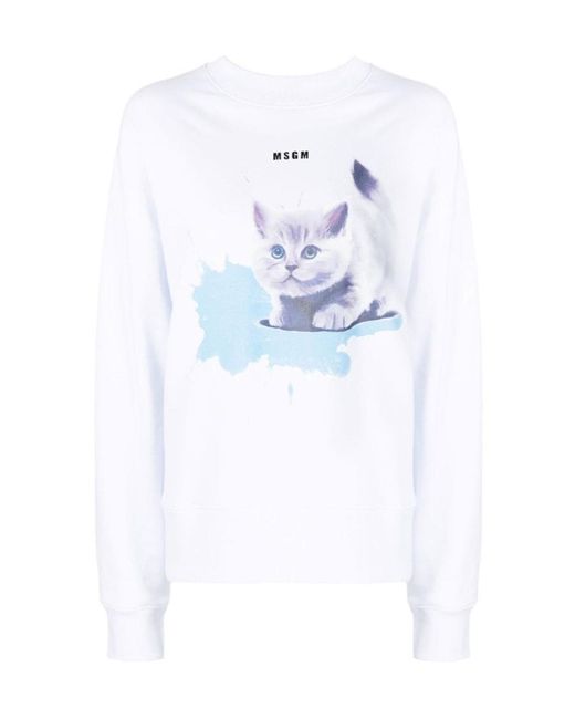 MSGM White Kitten Print Round-Neck Sweater