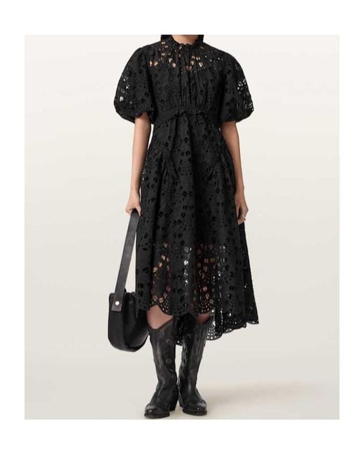 AllSaints Black Odette Broderie-Anglaise Puff-Sleeve Midi Dress