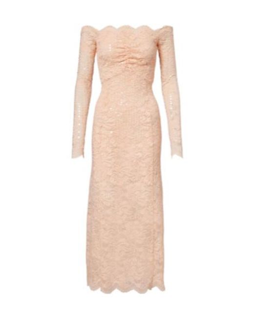 Rabanne Natural Sequined Off-Shoulder Lace Midi Dress