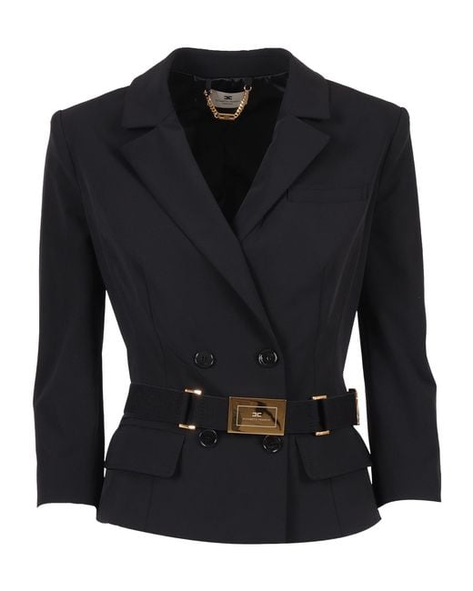 Elisabetta Franchi Black Belted Double-Breasted Blazer