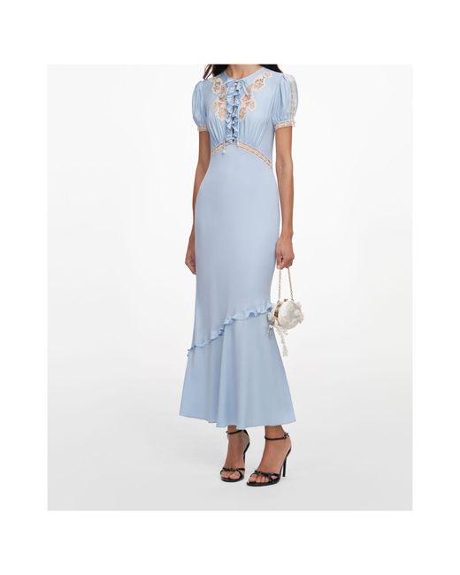 Self-Portrait Blue Ruffled Lace-Trim Midi Dress