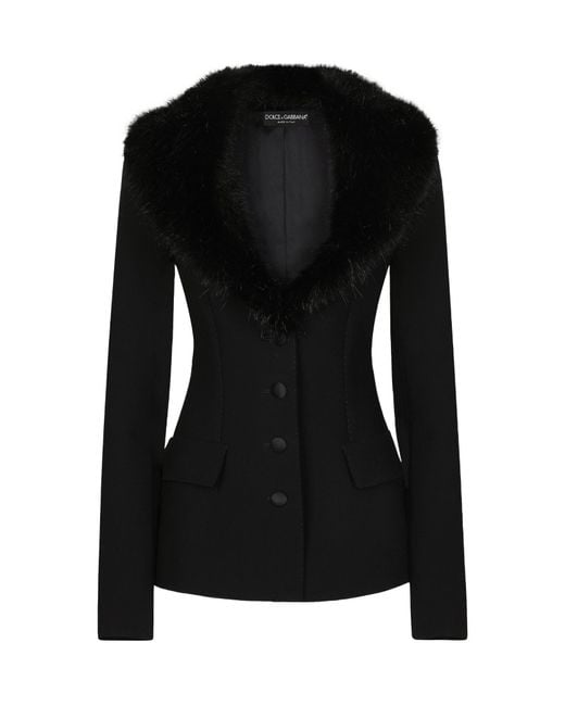 Dolce & Gabbana Black Single-Breasted Wool Jacket With Faux Fur Collar