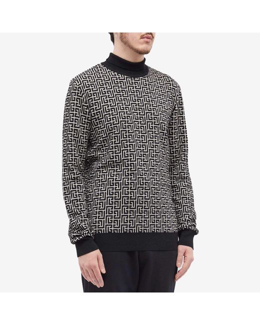 Balmain Black Monogram-Intarsia Knitted Roll-Neck Jumper for men