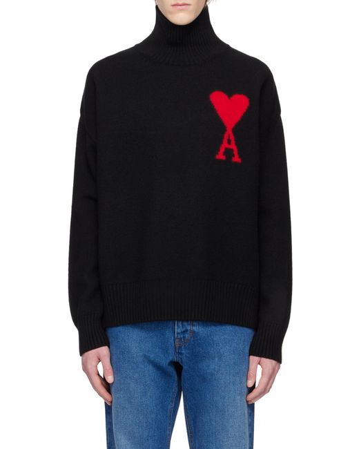AMI Black Ami De Coeur Roll Neck Heart Motif Embroidered Jumper for men