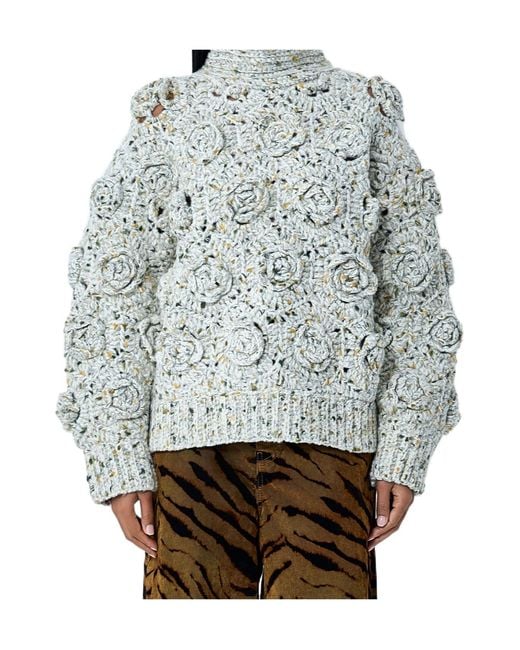 Ganni Gray Floral Crochet High-Neck Jumper