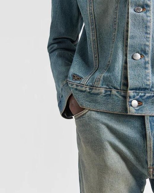 Prada Blue Enamelled Tag Detailed Denim Jacket for men