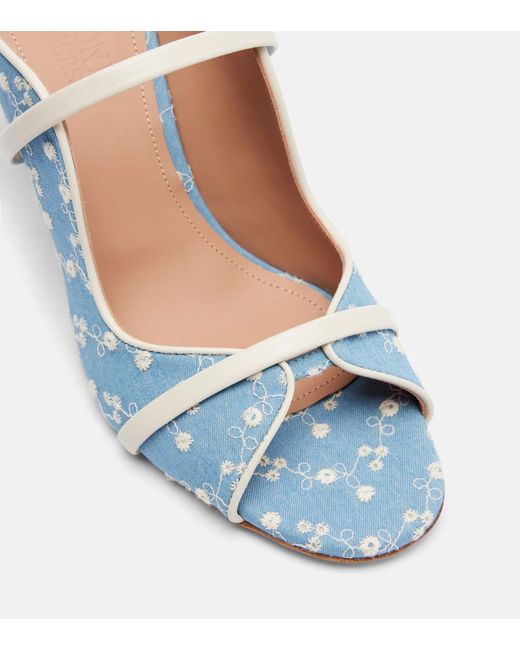 Malone Souliers Blue Norah 70 Leather-Trimmed Denim Mules