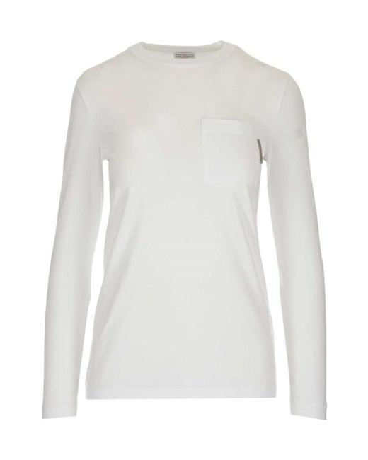 Brunello Cucinelli White One Pocket Crew Neck Top