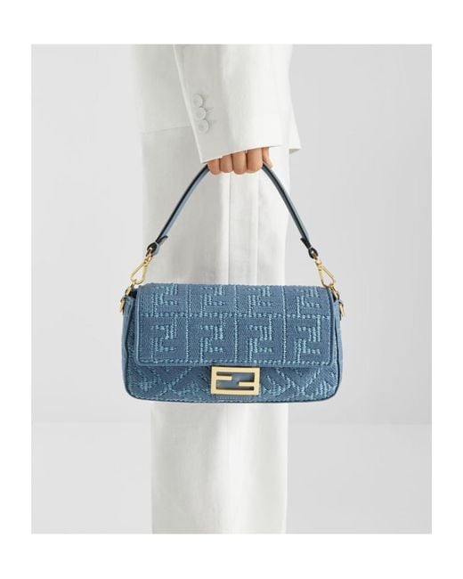 Fendi Blue Baguette Embossed Shoulder Bag
