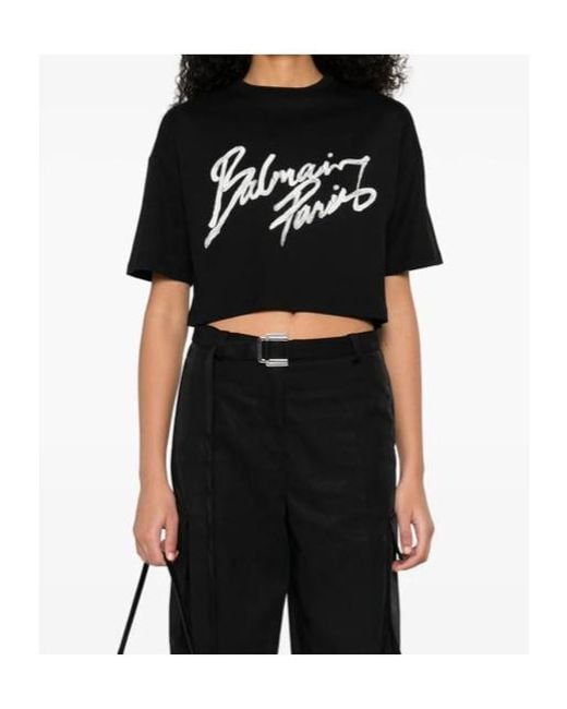 Balmain Black Graphic Printed Cropped T-Shirt