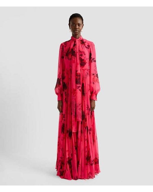 Erdem Red Pleated Floral-Print Voile Gown